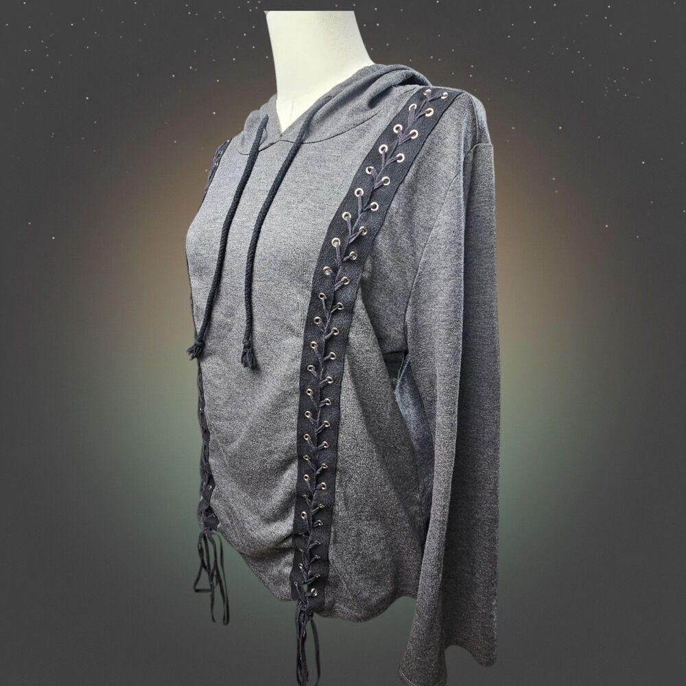 Hippie Chic L Lace Up Hoodie Gray Y2K Boho Grunge Grommet Tie Side Festival Top